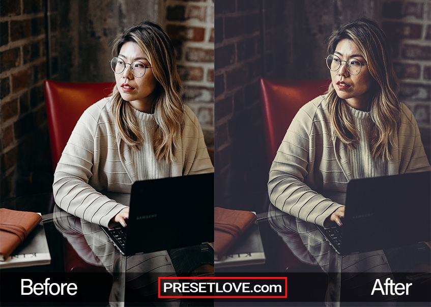 A cinematic photo of a woman with eyeglasses using her laptop