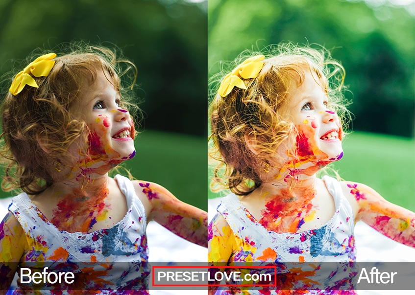 A vibrant and colorful photo of a little girl with paint all over her white dress and face
