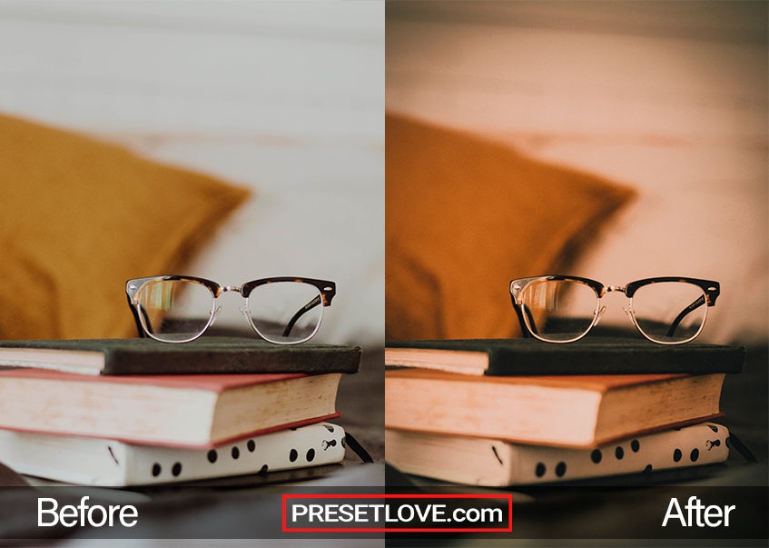 A warm brown photo of eyeglasses on a stack of books
