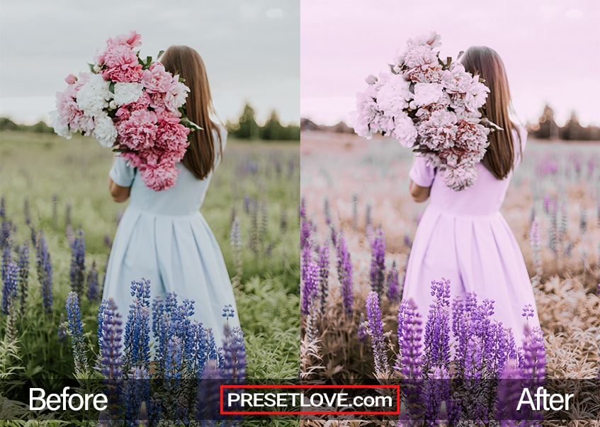 A pastel lavender tinted photo of a woman in a lavender field with a bouquet of flowers over her shoulder