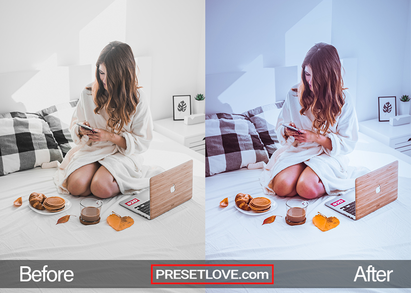 A modern magazine-like shot of a woman having breakfast in bed while wearing a bathrobe