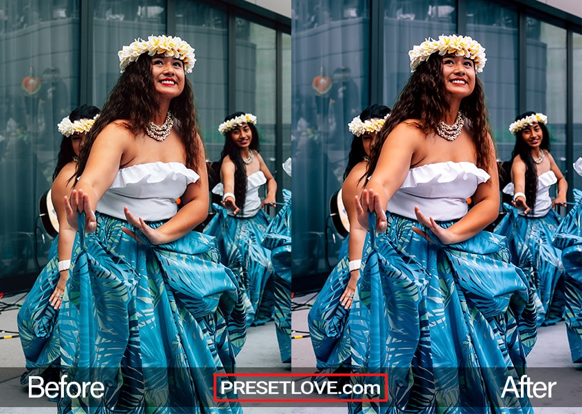 A vibrant photo of a woman in a blue skirt dancing hula