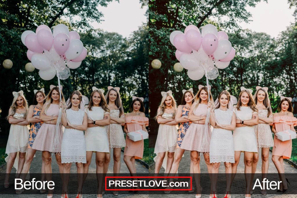 A bright and detailed photo of bridesmaids and balloons