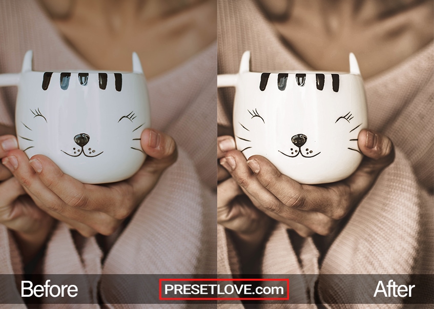 A dark and dramatic photo of a woman holding a cat mug