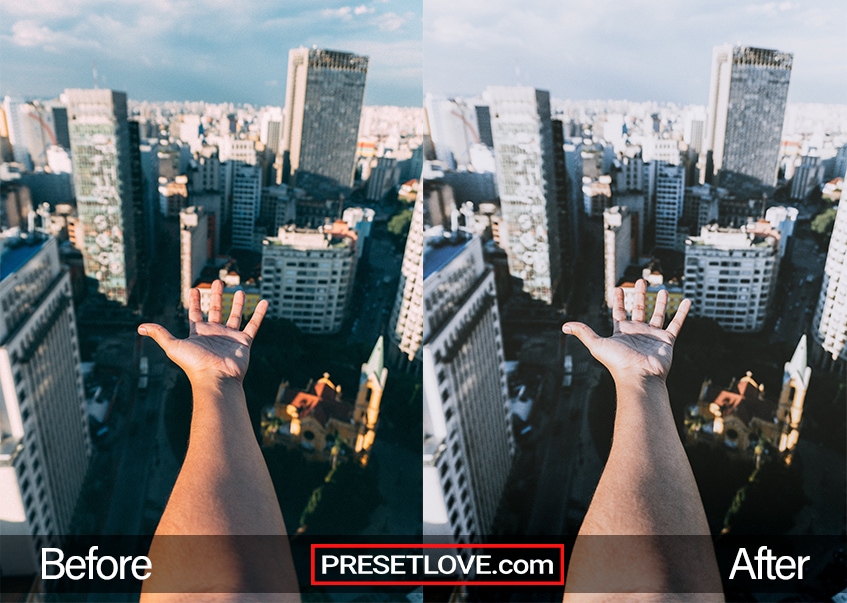 A modern urban photo of a hand outstretched towards a cityscape