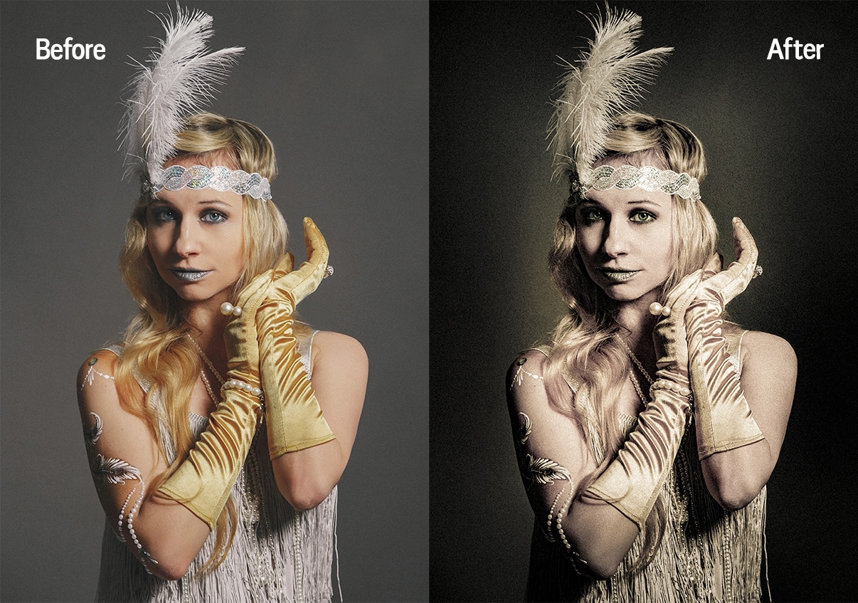 A classic photo of a woman in gatsby attire and a feather headband, with a vintage Lightroom preset applied