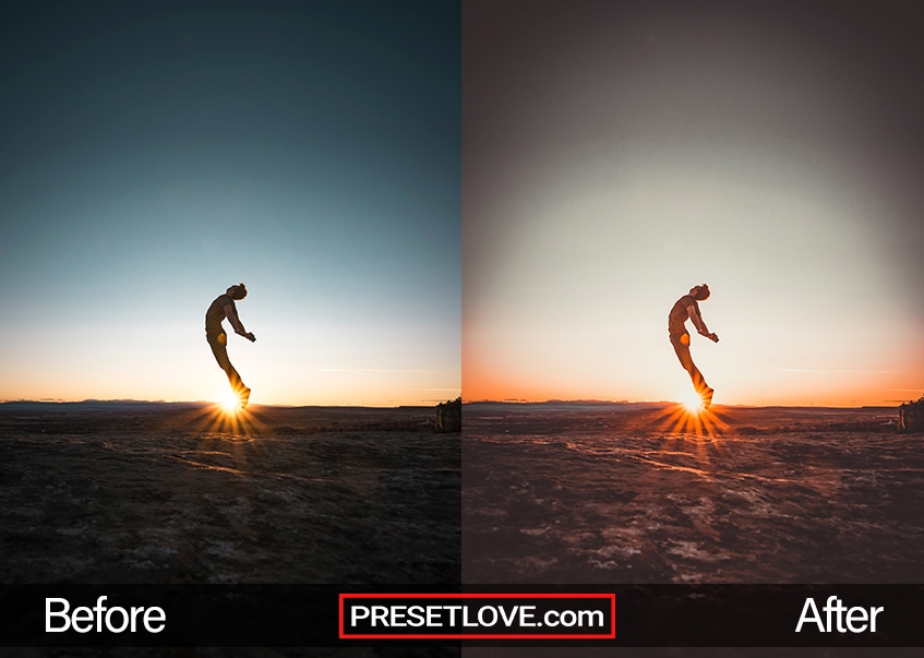 An impressive photo of a man leaping up, with the sunset horizon in the background.