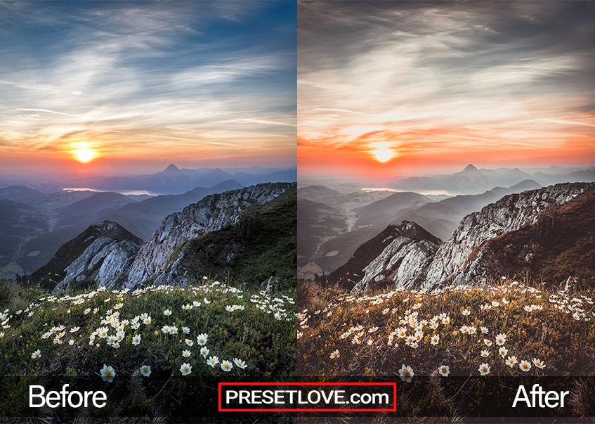 A scenic photo of a mountain scene, enhanced by PresetLove Sunset preset