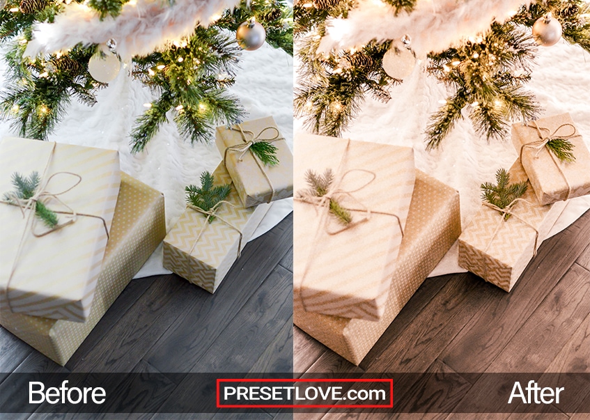 A light and warm photo of gifts with a warm new year preset applied