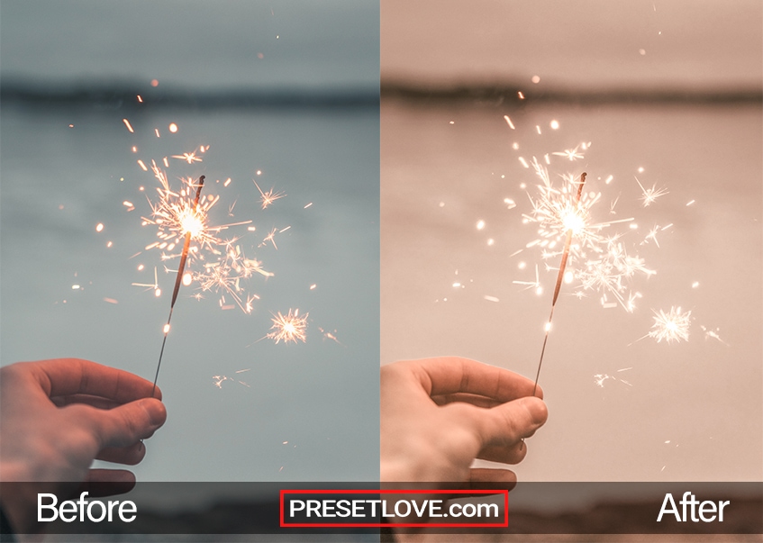 A warm photo of a sparkler that uses a warm Lightroom preset called New Year's Party