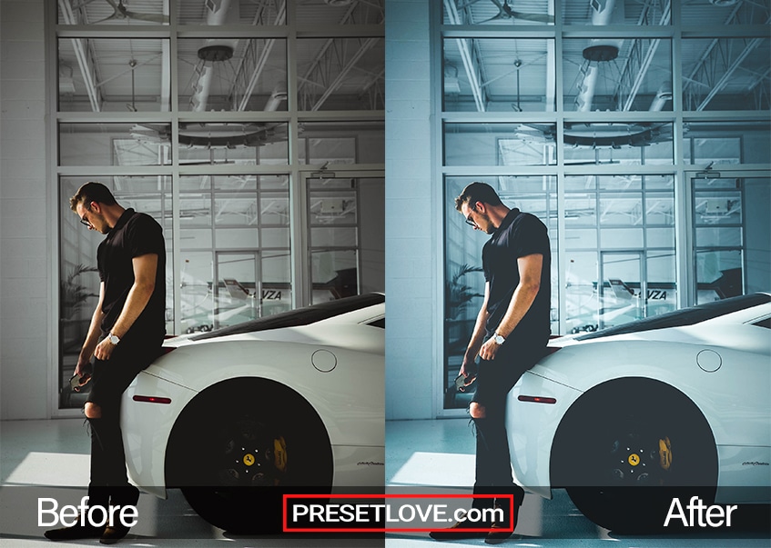 A photo of a man leaning against a Ferrari, using a soft blue Lightroom preset