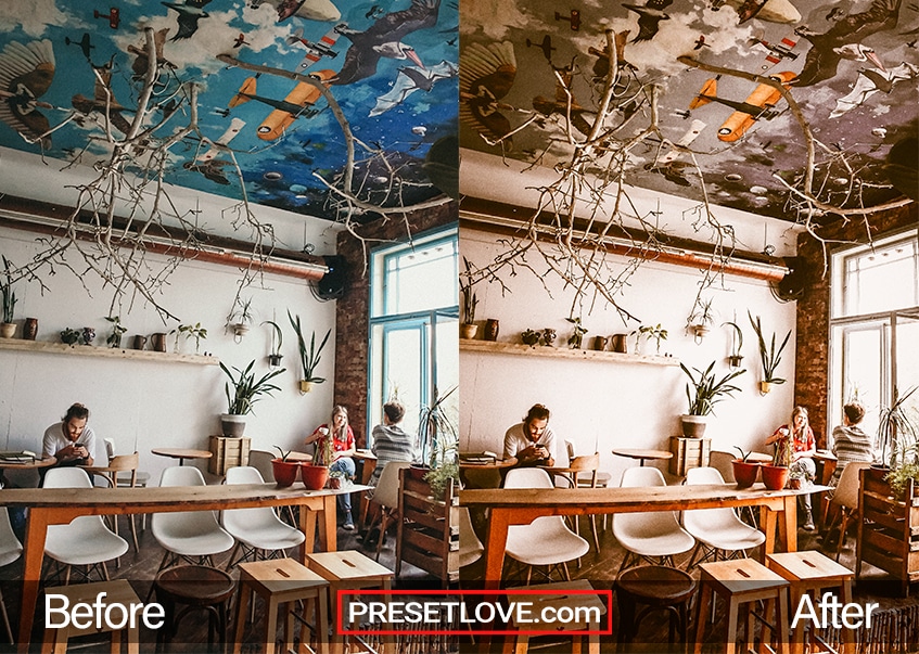Before and after comparison of a photo edited with Coffee Break preset from PresetLove, showcasing a warm and cozy atmosphere.