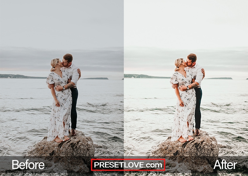A wedding photoshoot of a couple by the beach, using a bright wedding Lightroom preset