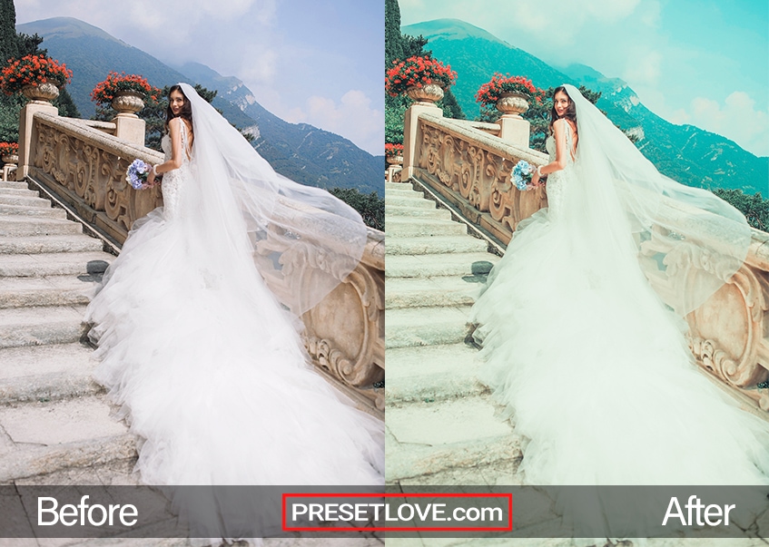 exotic italian wedding photo on stone steps with flowers and mountains