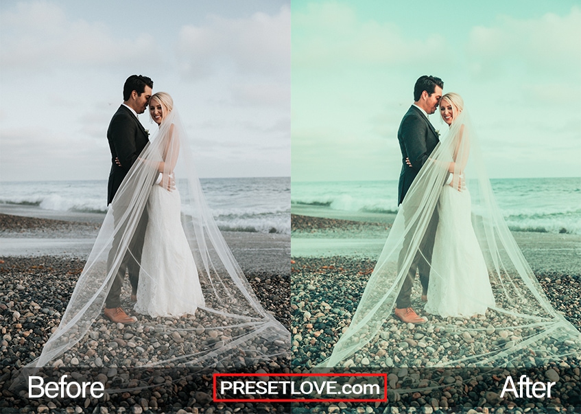 exotic beach wedding, bride and groom standing in sand with ocean and sky