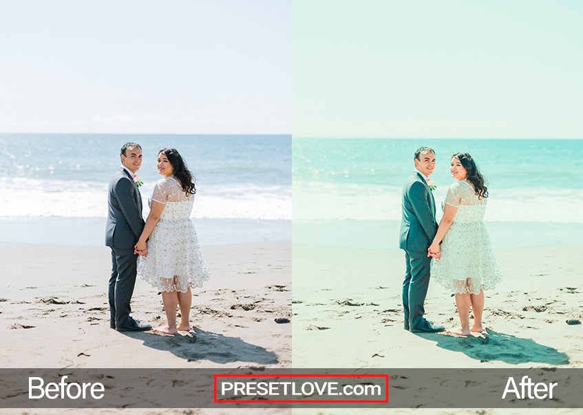 wedding photo of bride and groom on beach demonstrating preset effects