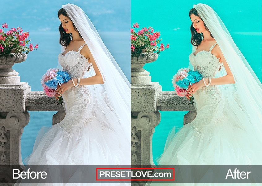 Vivid preset photo of bride in wedding dress with bouquet