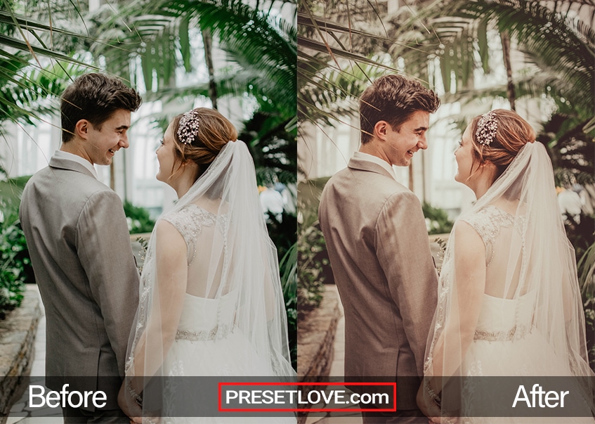 A before and after photo of a wedding in a garden, using the Boho Wedding preset