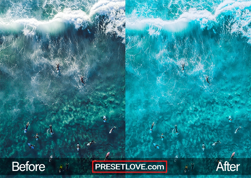 Detailed top-view shot of surfers in a clear blue ocean