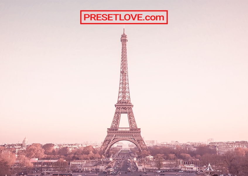A rose-tinted photo of the Eiffel Tower using a pink Lightroom preset.