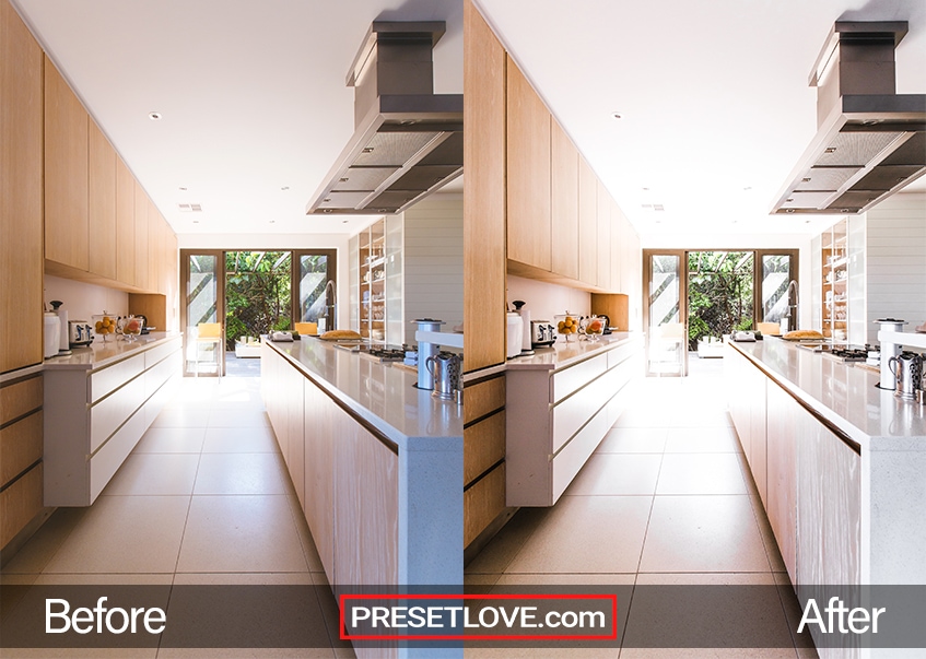 A brightened photo of a kitchen under diffused natural light