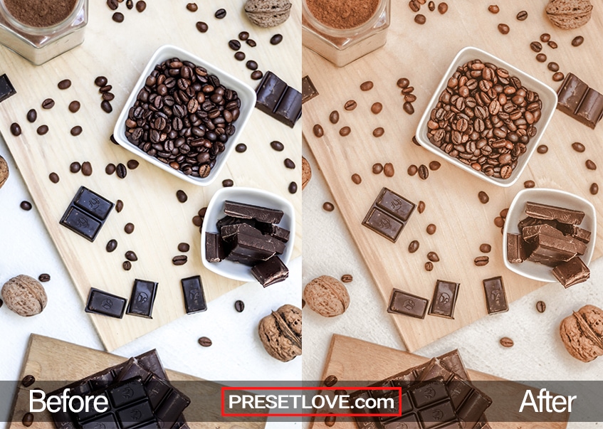 A warm flatlay image of chocolate and coffee beans