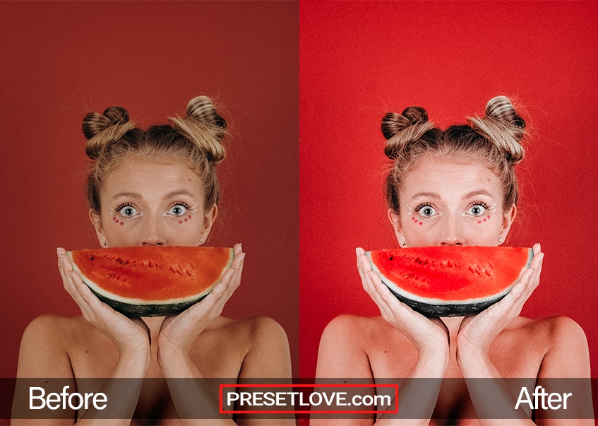 A vibrant photo of a woman holding a slice of watermelon