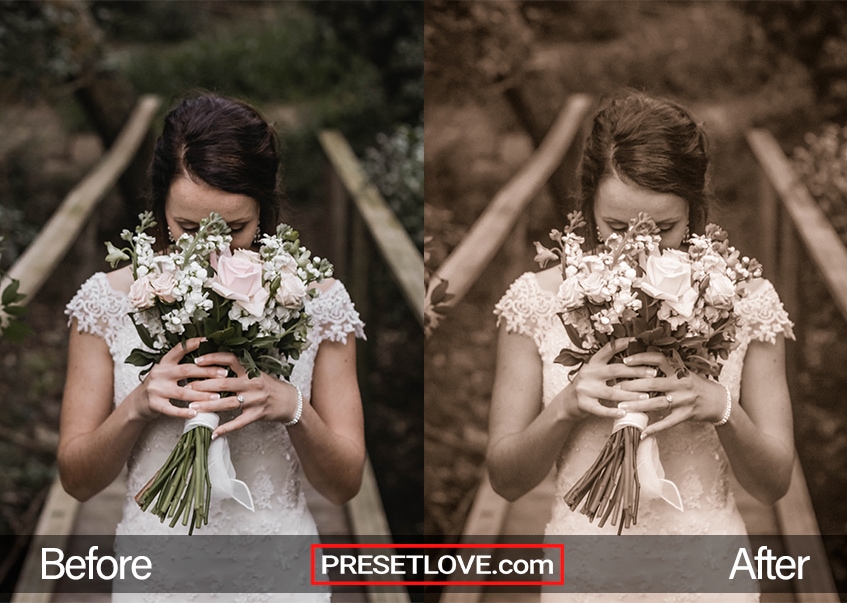 A sepia portrait of a bride holding up a bouquet to her face