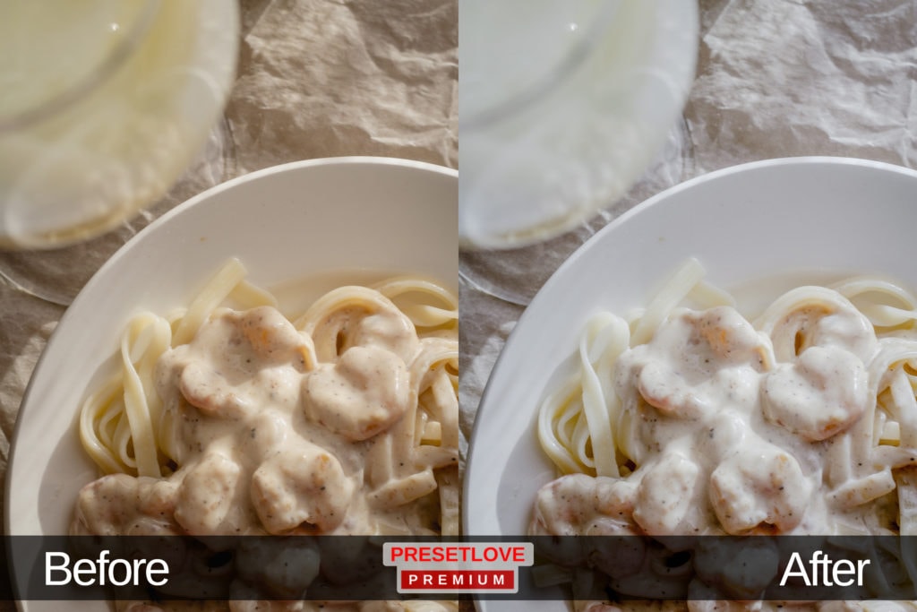A photo of a pasta, with whites enhanced by the Soft Radiance Lightroom preset