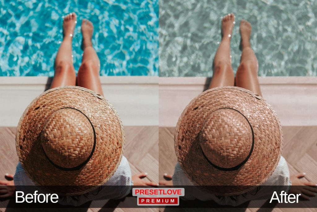 A top view photo of woman sitting by the pool wearing a hat