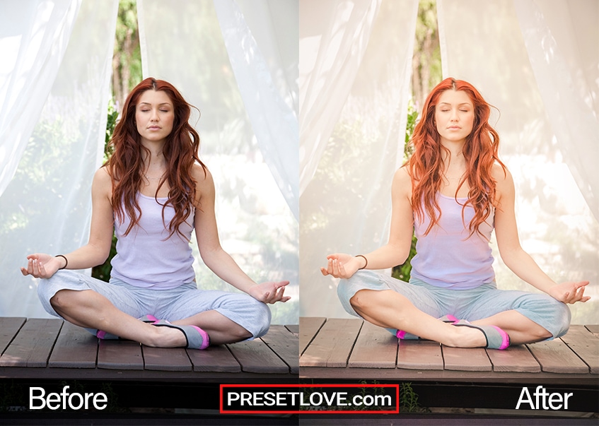 A brunette woman sitting cross-legged to meditate