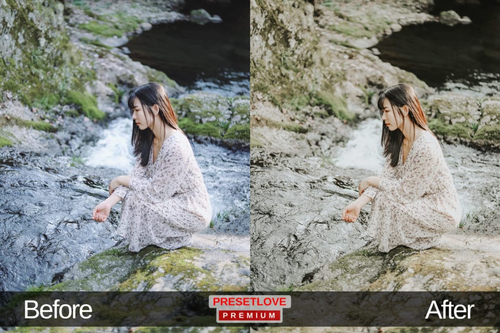 A soft matte photo of a woman sitting on the rocks by a river