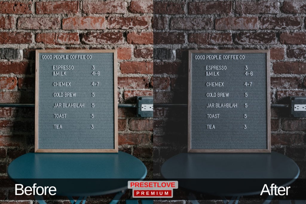A dim but cozy photo of a cafe menu board set on a round table and against a brick wall