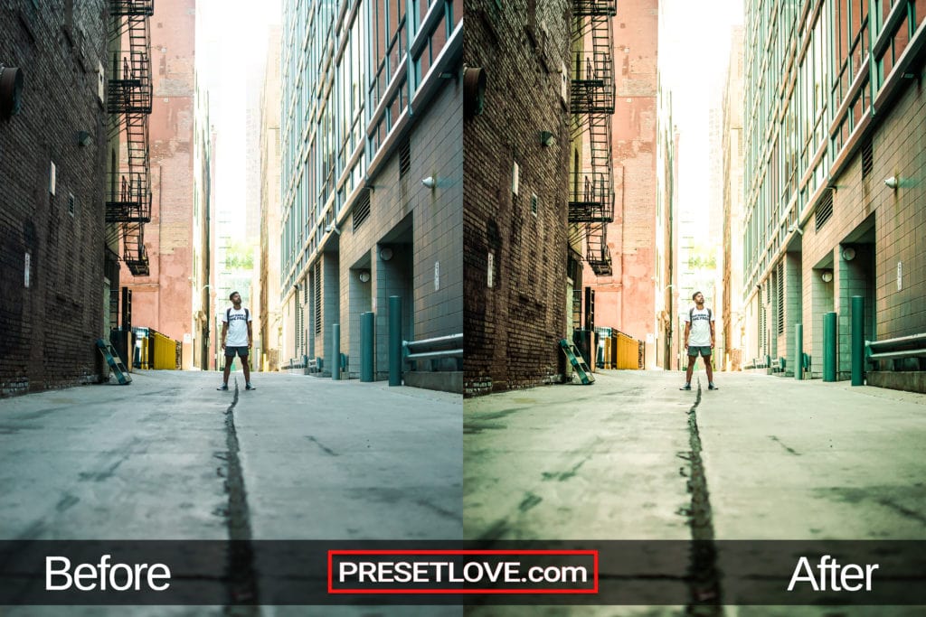 An urban photo of a man standing in the middle of an empty street, with a warm and vibrant preset applied