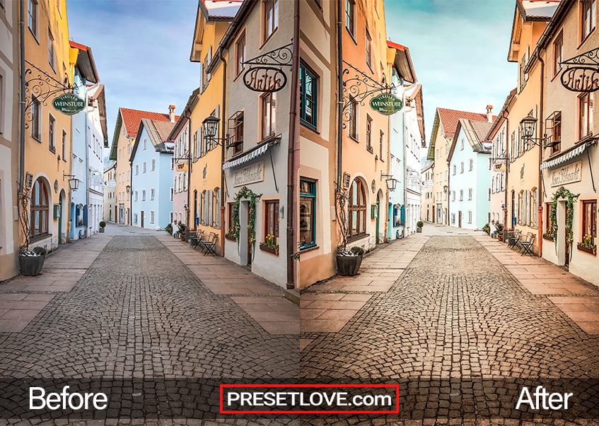 A vibrant and warm urban photo of a street with cobblestones