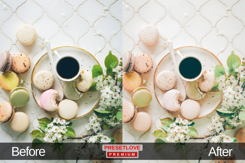 High Tea dessert Lightroom preset applied on a flat lay image of macarons around a coffee cup