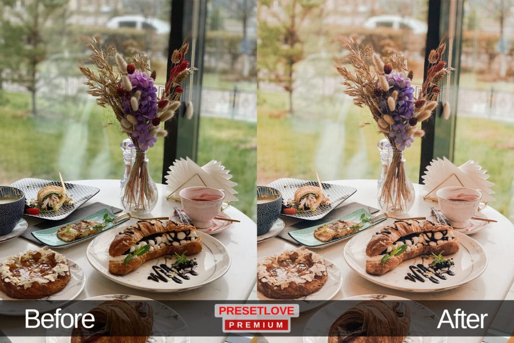 High Tea pastel food Lightroom preset applied on a photo of a table setting by the window
