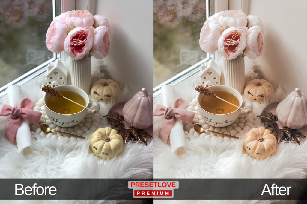 High Tea soft Lightroom preset applied on a photo of a tea cup and pink flowers by the window