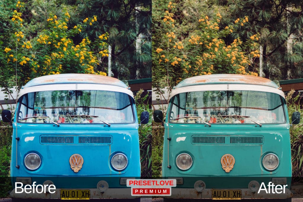 Photo of a classic Volkswagen van with a warm and vibrant Lightroom preset applied