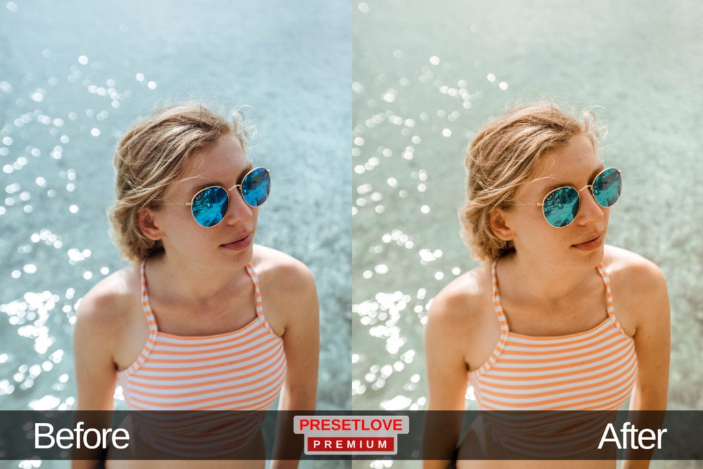 A photo portrait of a woman wearing sunglasses at a beach, with a summer Lightroom preset applied