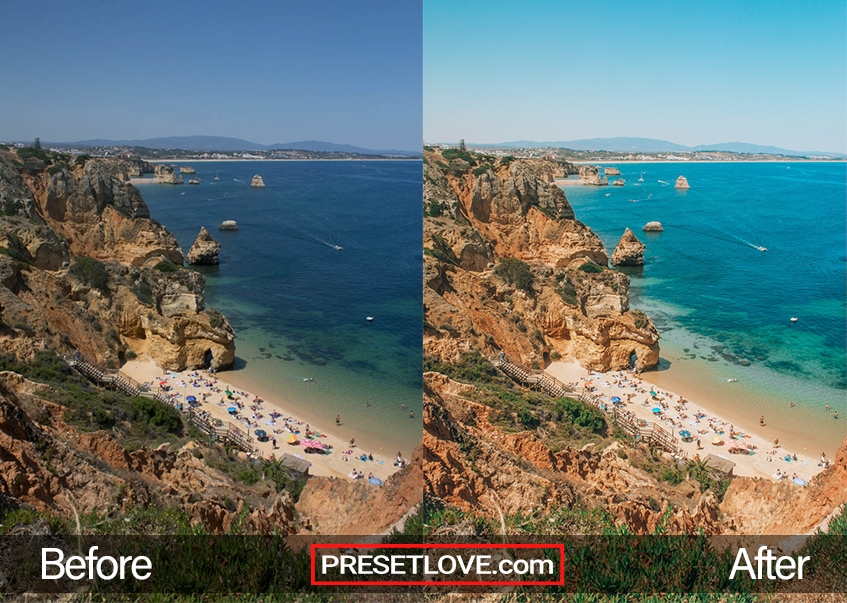 A stunning aerial photo of a beach surrounded by detailed rock formations, with Lagos Lightroom preset applied