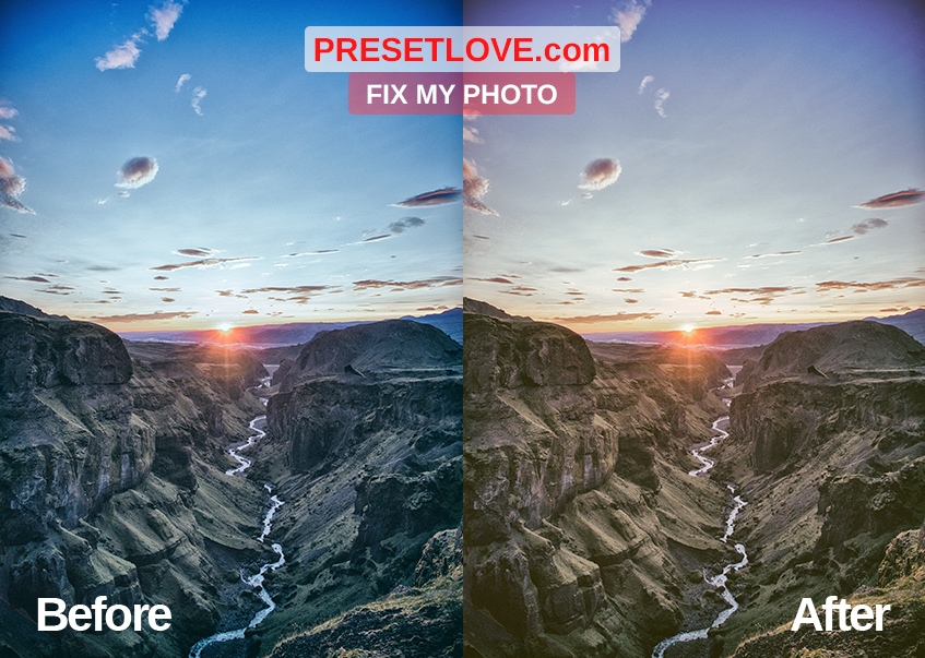 A photo of a stunning sunset in a mountain landscape, with a warm Lightroom preset applied