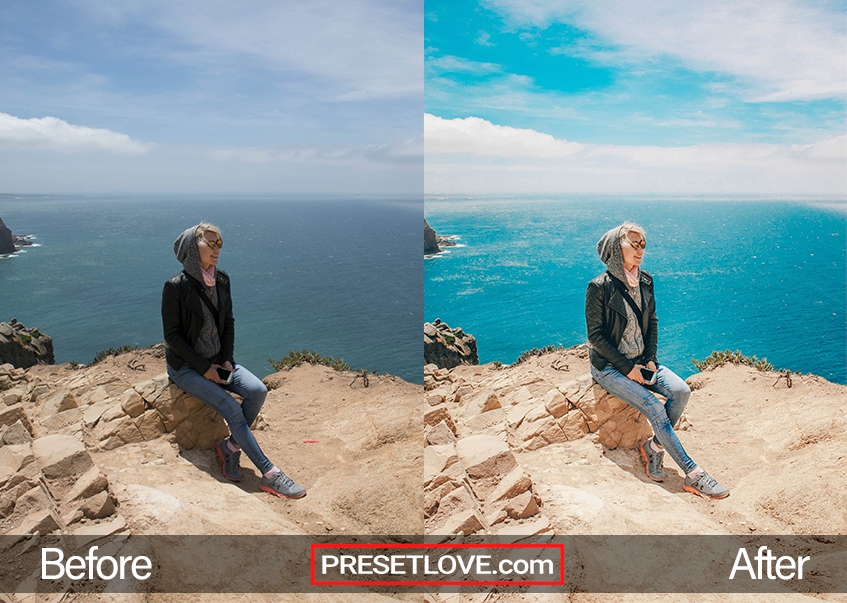 A photo of a woman sitting at the edge of a cliff, with a vibrant landscape preset applied