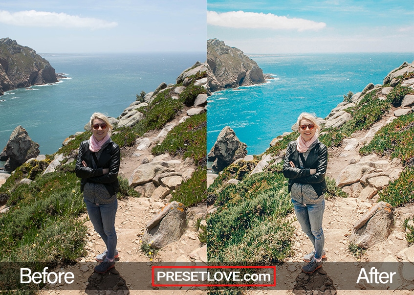 A photo of a woman with a scenic view of Cabo da Roca behind her
