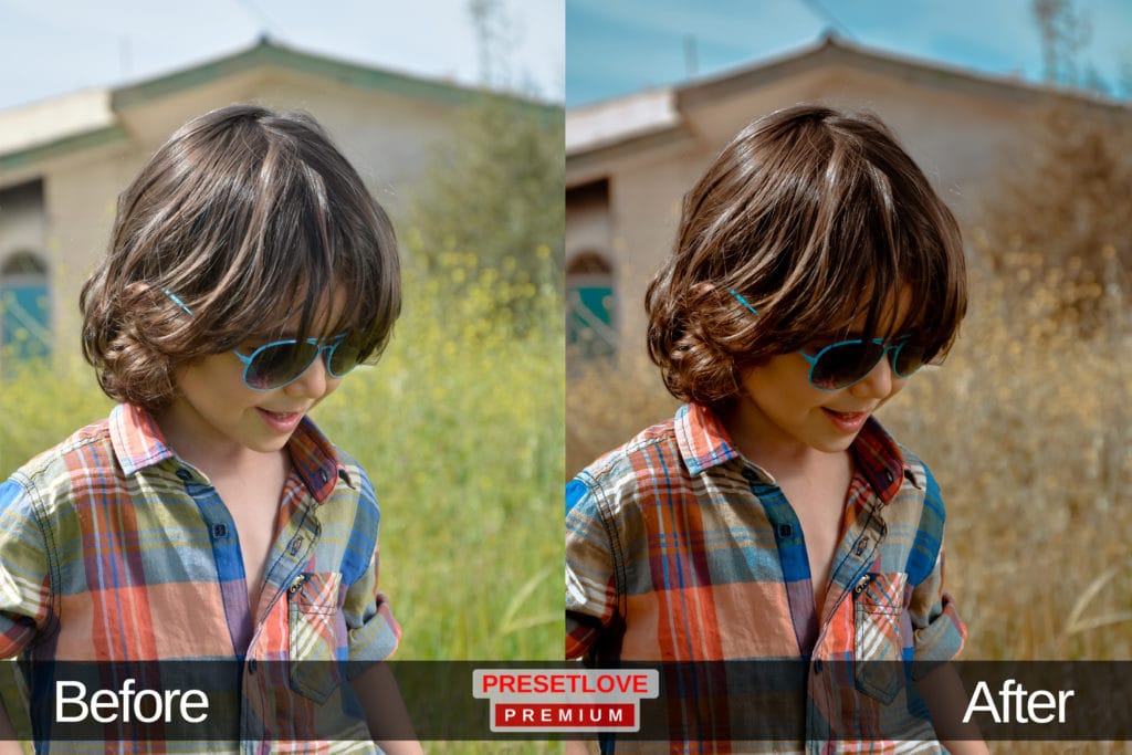A cinematic portrait of a boy outdoors wearing sunglasses, with a cinematic Lightroom preset applied