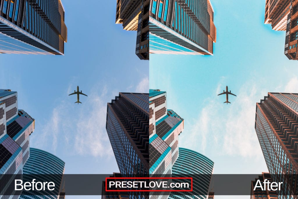 A bright orange and teal photo of a plane flying about a cityscape