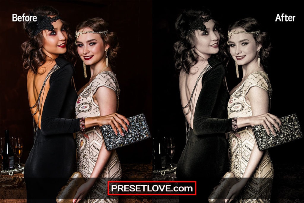 A classic portrait of women in gatsby dresses, with a vintage Lightroom preset applied