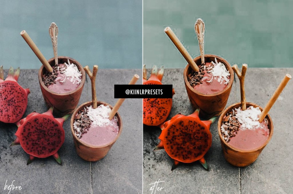 Tropical Bali KIIN presets applied on a photo of tropical fruit shakes