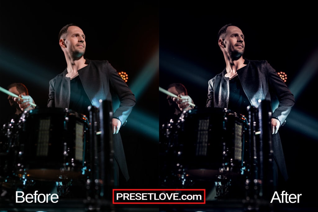 Photo of a drummer in a concert, with a professional portrait Lightroom preset applied