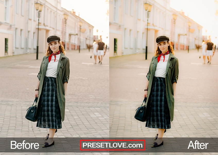 A soft and bright portrait of a woman wearing a beret and olive green coat